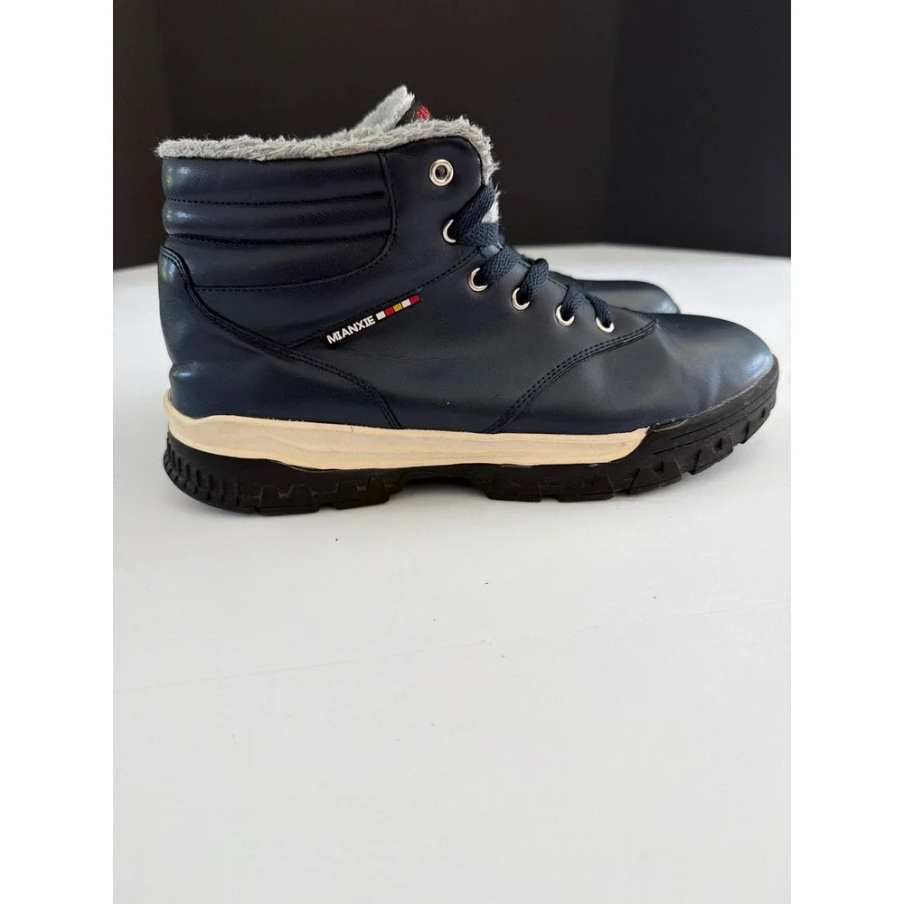 Mianxie Mens Navy Blue Faux Fur Lined Winter Boots Lace Up Sport Size 45 US 11.5